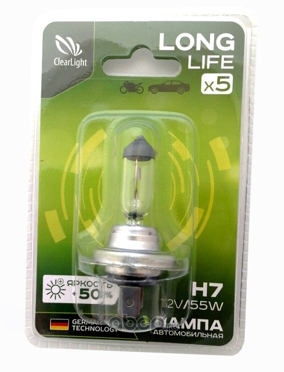 Лампа галогеновая Clearlight LongLife H7 12В 55Вт, блистер